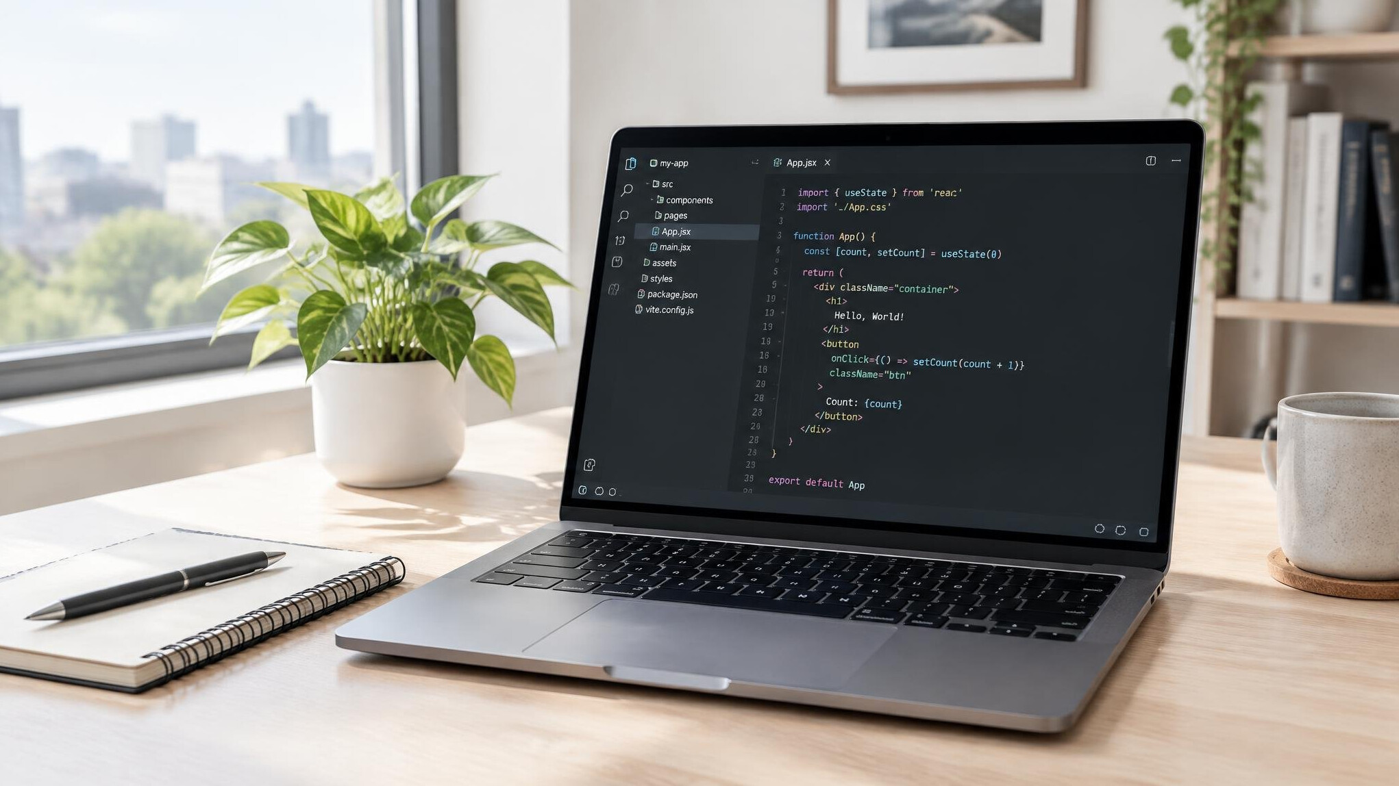 Laptop with code editor open on a clean desk