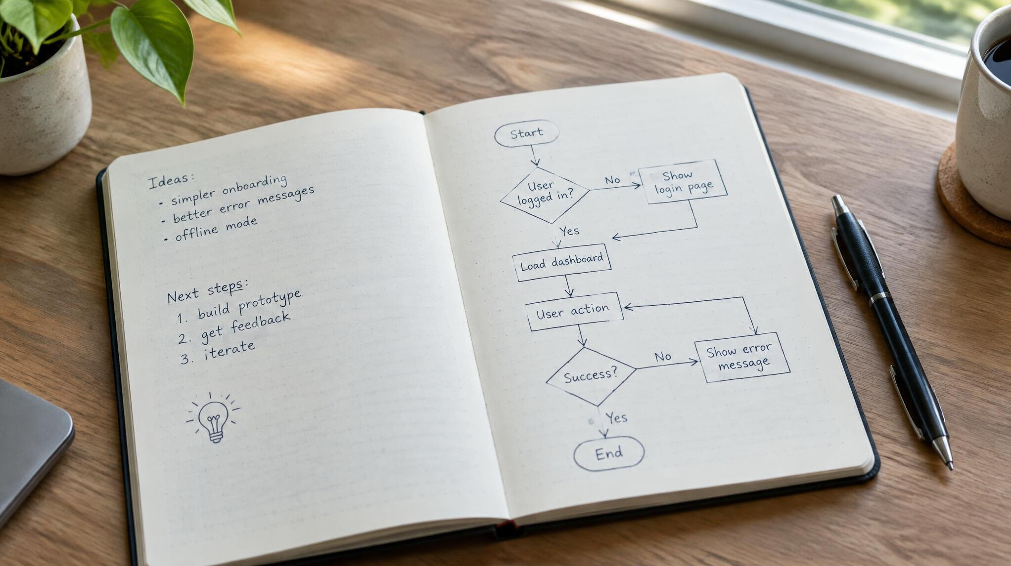 Notebook with handwritten diagrams and a pen on a desk